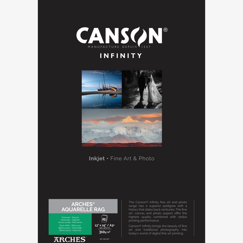 Canson ARCHES® Aquarelle Rag (Pure White) 310 gsm, A3 Plus, 25 Sheets
