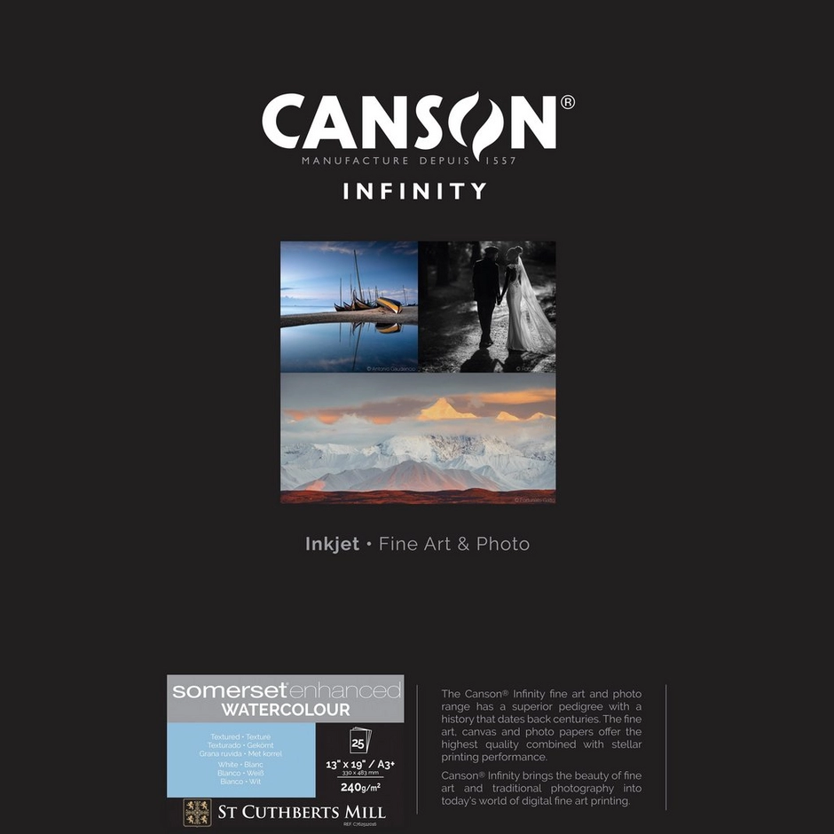 Canson Infinity Somerset Enhanced Watercolour Rag White Paper, 240 gsm, A3+, 25 Sheets