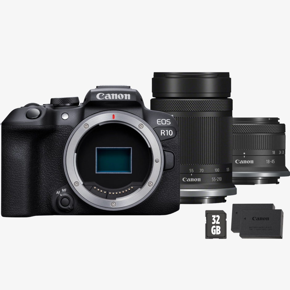 Canon EOS R10 Mirrorless Camera  + RF-S 55-210mm Lens + RF-S 18-45mm Lens + SD Card + Spare Battery