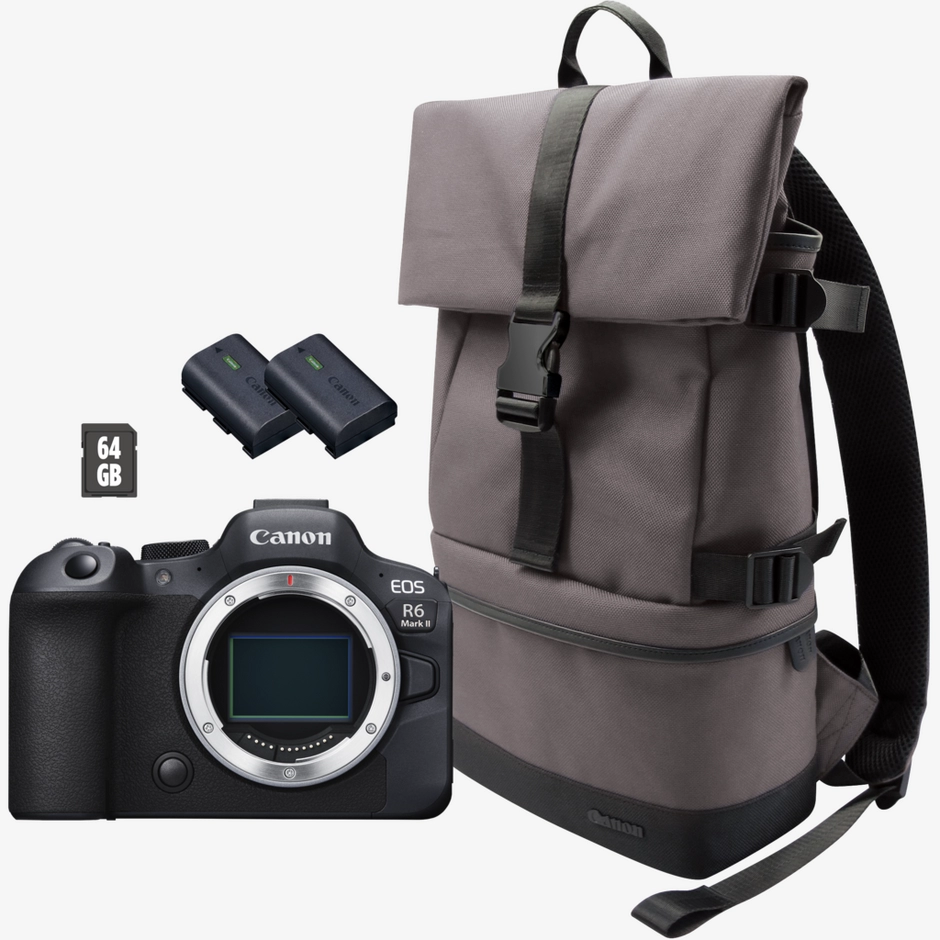 Canon EOS R6 Mark II Mirrorless Camera, Black  + Backpack + SD Card + Spare Battery