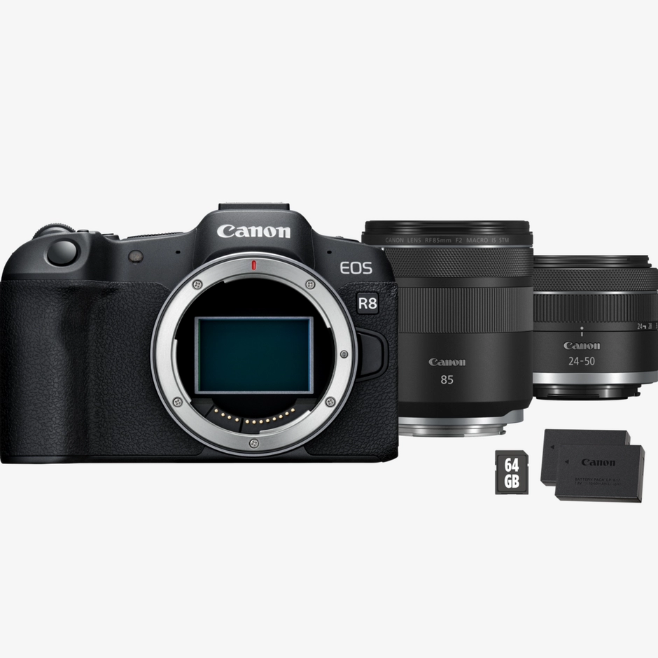 Canon EOS R8 Mirrorless Camera, Black  + RF 85mm Macro IS STM Lens + RF 24-50mm IS STM Lens