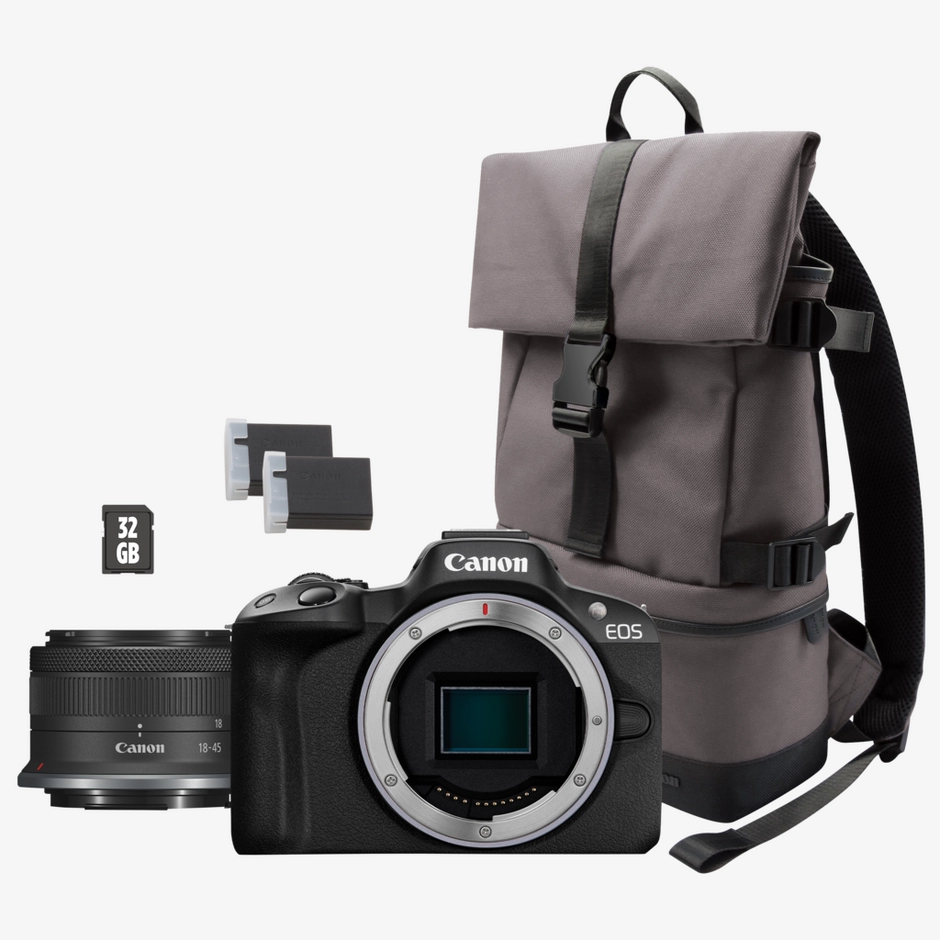 Canon EOS R50 Mirrorless Camera, Black  + RF-S 18-45mm F4.5-6.3 IS STM Lens + Backpack + SD Card + Spare Battery