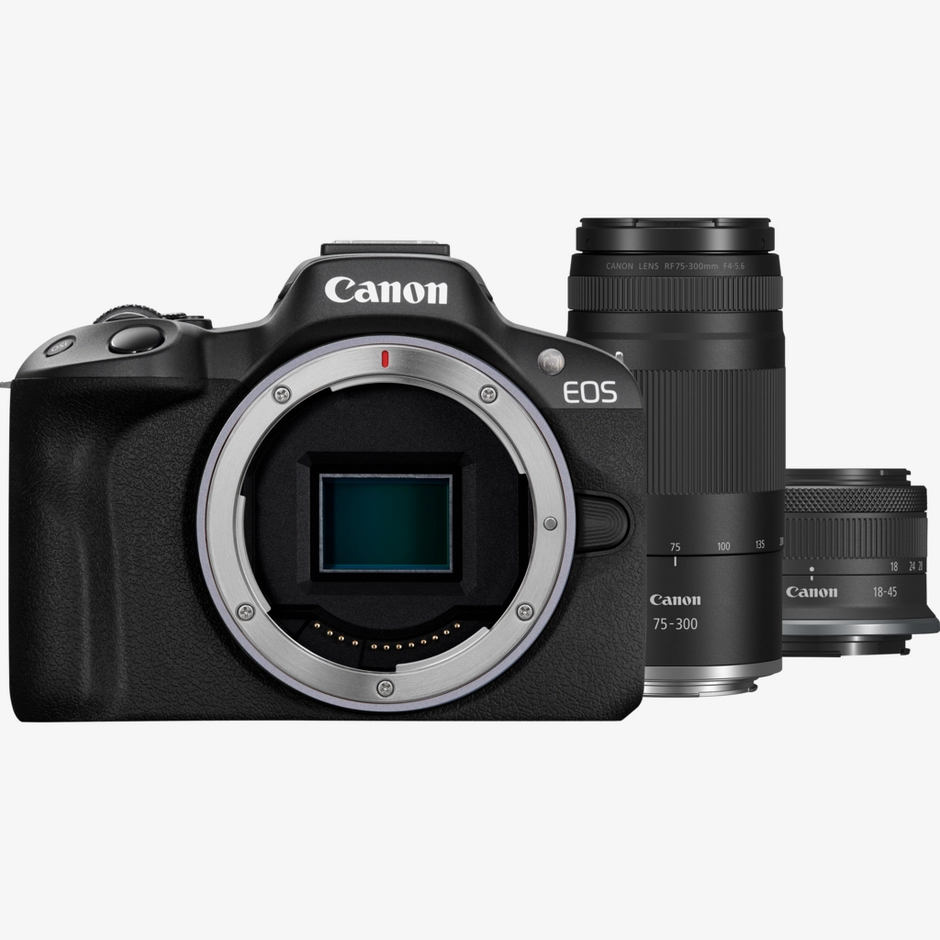 Canon EOS R50 Mirrorless Camera, Black  + RF-S 18-45mm F4.5-6.3 IS STM Lens + RF 75-300mm F4-5.6 Lens