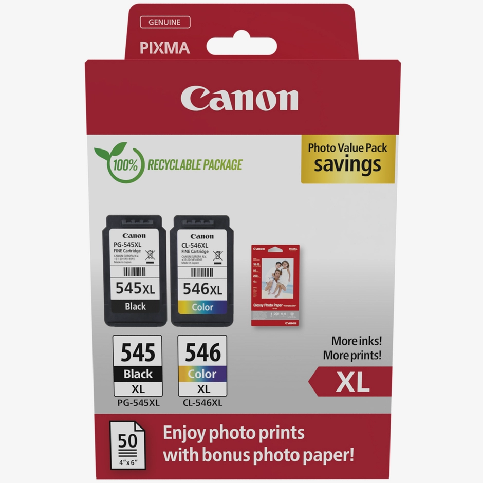 Canon PG-545XL/CL-546XL High Yield Ink Cartridge  + Photo Paper Value Pack