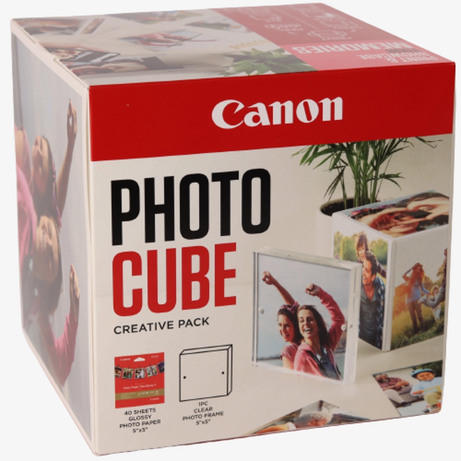 Canon Photo Cube and Frame  + PP-201 5x5” Photo Paper Plus Glossy II (40 sheets) - Creative Pack, Pink